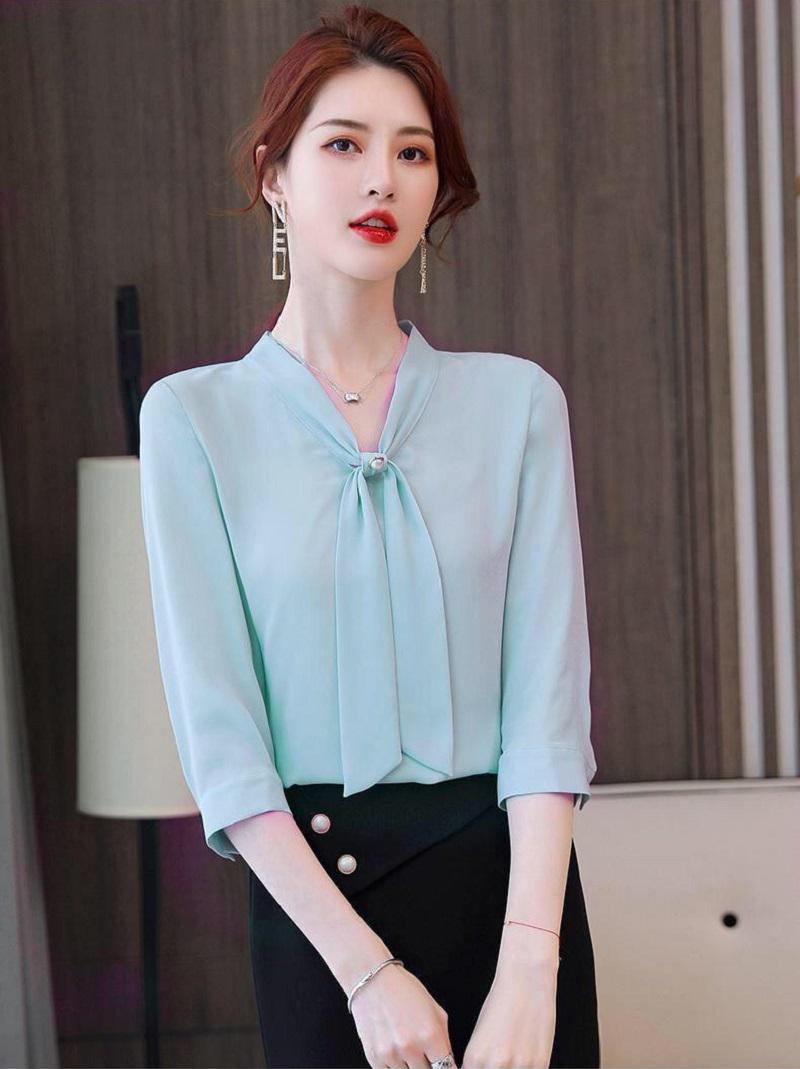 Áo sơ mi cổ tròn thắt nơ